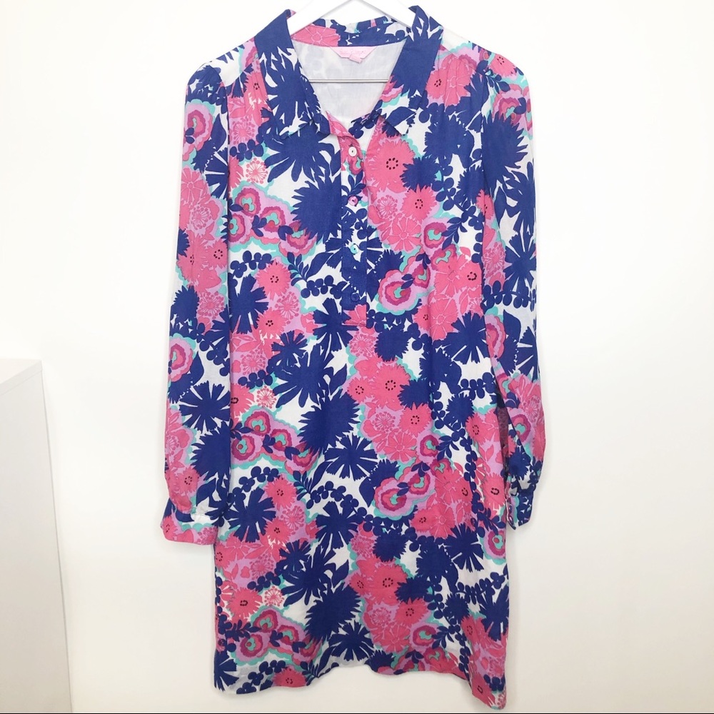 Lilly Pulitzer Pink Blue Floral Shirt Dress 8